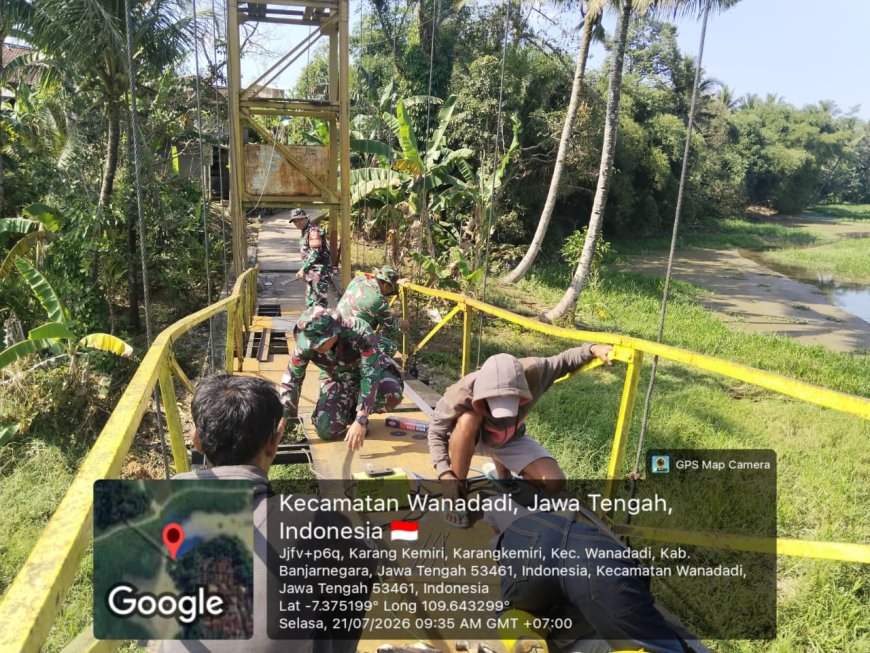 Kodim 0704 Banjarnegara Bangun Jembatan Gantung Garuda Tahap IV Hubungkan Dua Dusun di Desa Karangkemiri